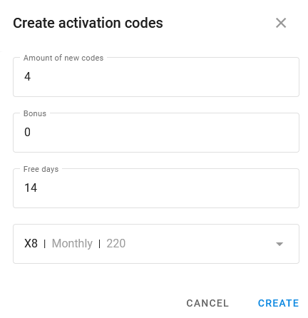 Create activation code window